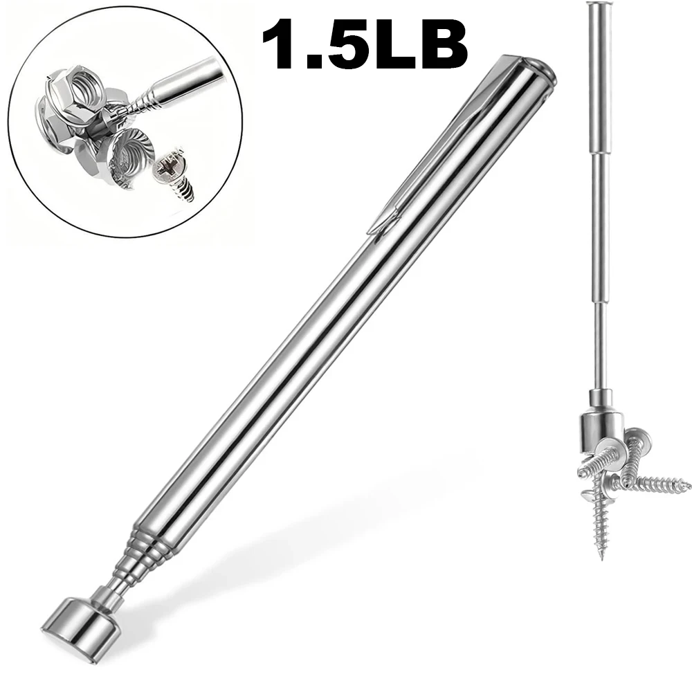 1.5lb Portable Telescoping Magnetic Pickup Tool – Rotatable Silver Rod with Retractable Pen Clip, Handheld Magnet Suction Tool