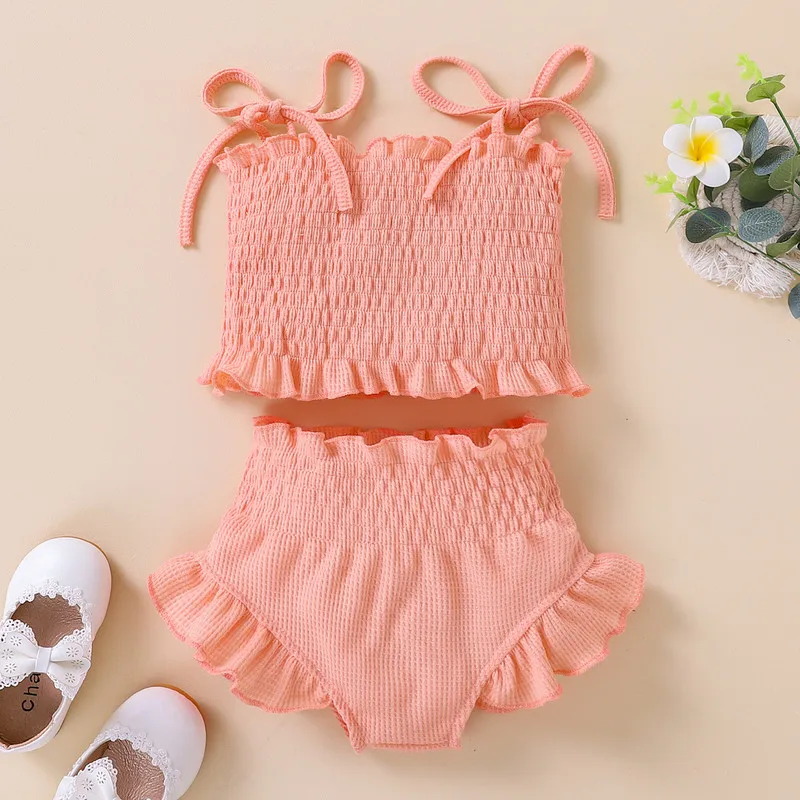 Newborn Kids Baby Girl Short Sets Summer Clothes 2023 Spaghetti Strap Ruched Solid Color Tops Shorts Baby Items 3 to 18 Months