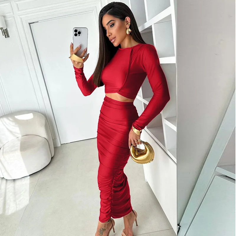 

Топы с длинными рукавами Костюм Юбка с высокой талией Леди 2026 Вечерние наряды Сексуальный укороченный топ Длинные юбки Комплекты из 2 предметов Женские элегантные комплекты