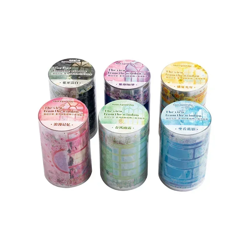 Flower Window Scenery Masking Tape Transparent Collage Decorative Adhesive Label Scrapbooking Material Sticker Kawaii
