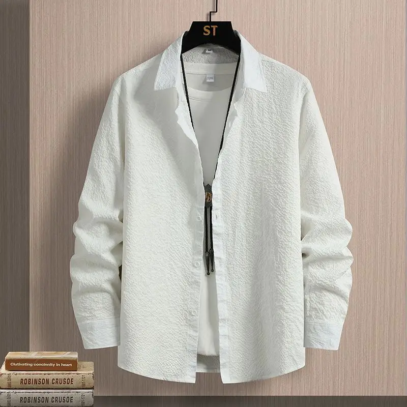 2024 Autumn American Retro Bubble Cloth Long Sleeve Shirt Men's Texture Collar Shirt Jacket Standard Fit Youth Fashion Polyes...