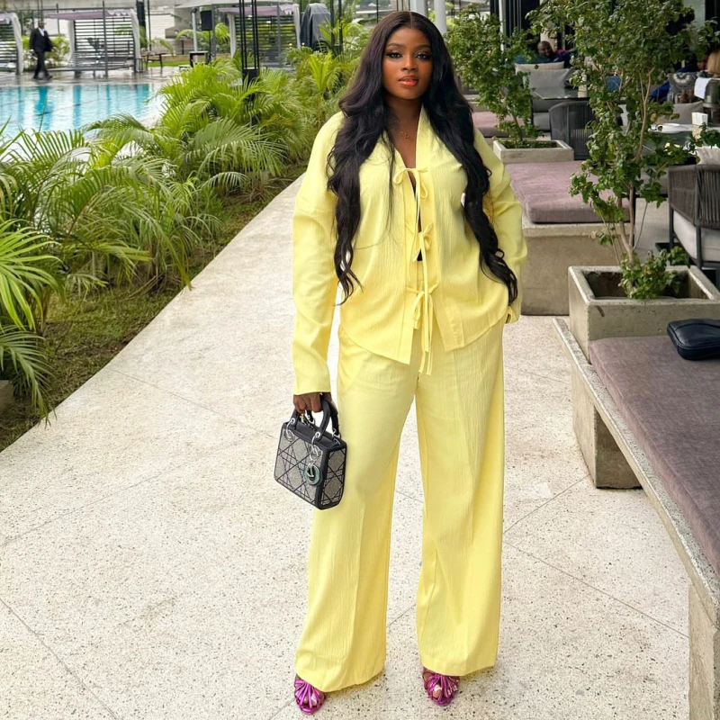 

Новый дизайн, африканская мода, женский комплект из двух предметов, однотонная рубашка на шнуровке, топ и брюки, комплект одежды