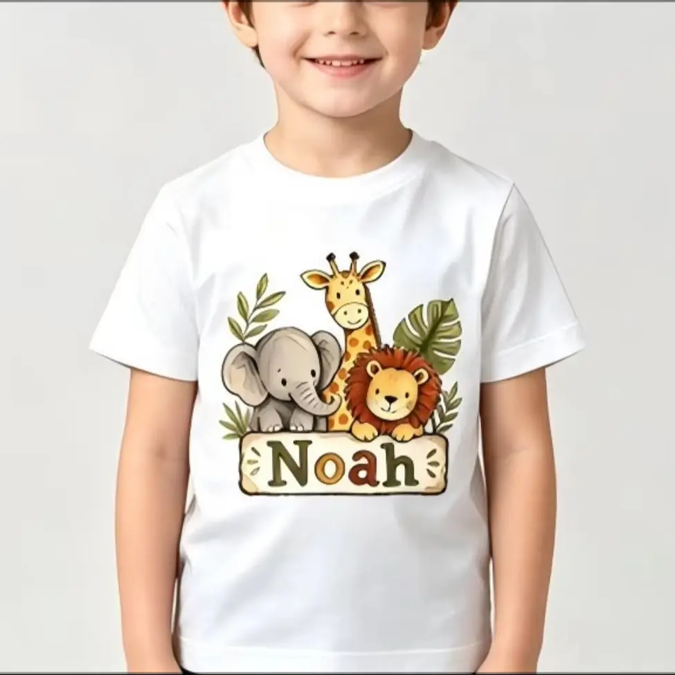 Cute Safari Wild Animals Print Kids T Shirt,Watercolor Elephant Lion Giraffe Graphic Tee,Boys Casual Short Sleeve Tops