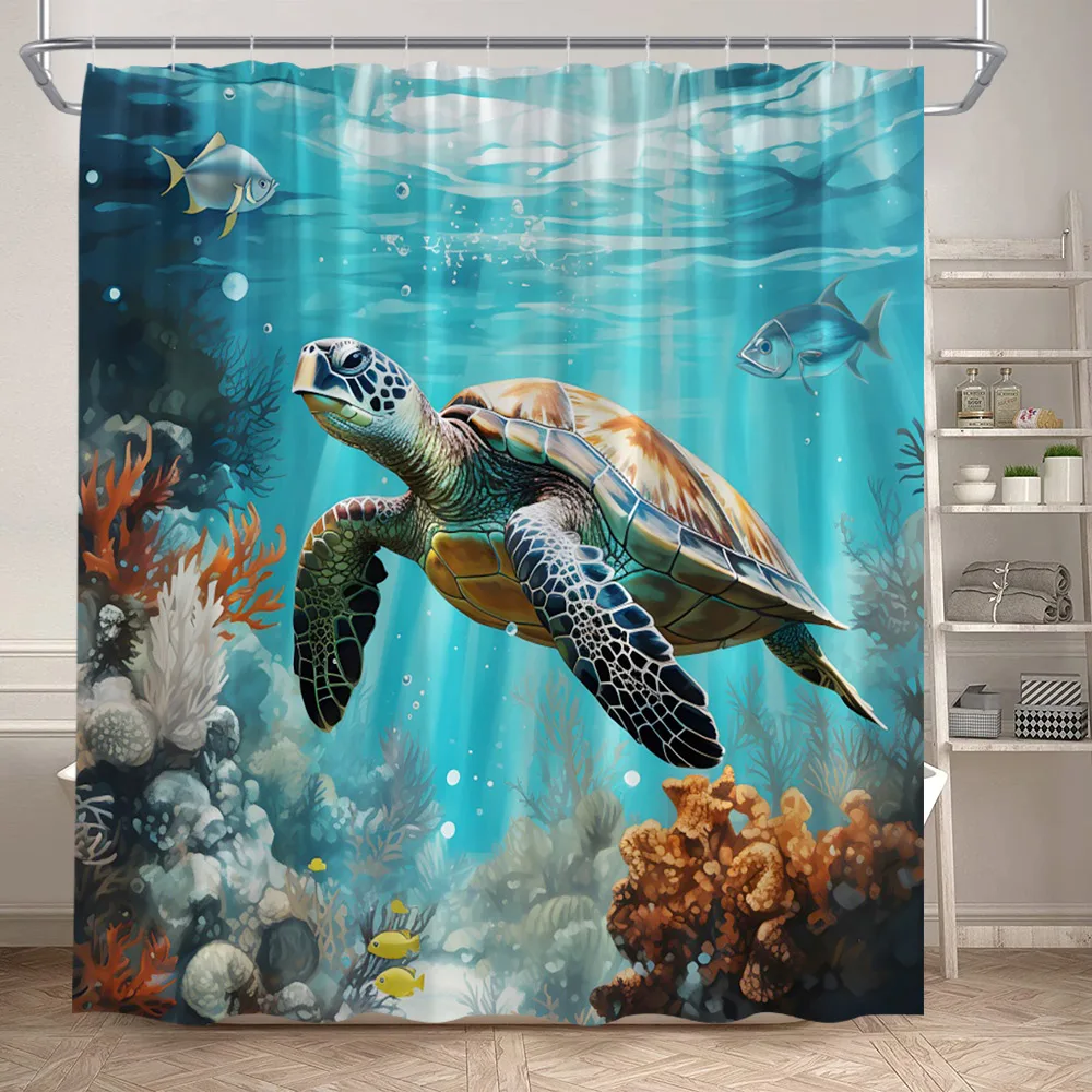 Sea Turtle Shower Curtains Funny Ocean Animals Coral Underwater Scenery Bath Curtain Polyester Fabric Bathroom Decor with Hooks