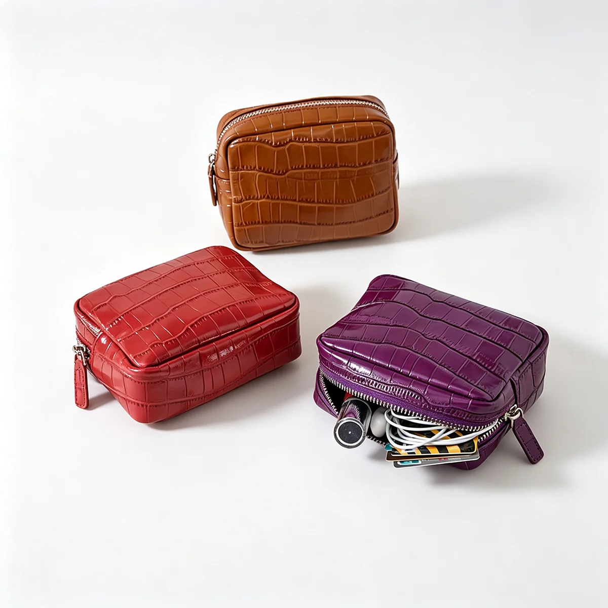 Echtes Leder mit Krokodilprägung Damen-Münzbörse Lippenstifthalter Kopfhörer-Schlüssel-Organizer Clutch Ausweiskartenetui Kosmetiktasche – Detail 3