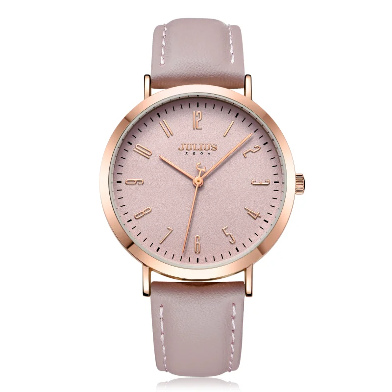 Julius Watch Brand New Original Designer Quartz Simple Women-watches Large Dial Pink Leather Strap Female Clock Montre JA-1017