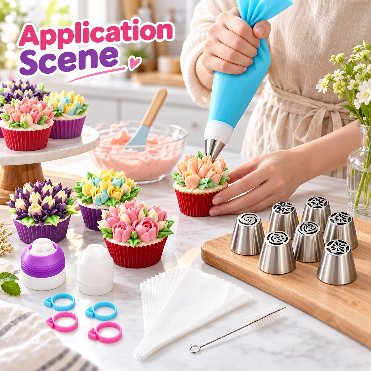 27PCS Russian Tulip Piping Nozzles Set Food-Safe Stainless Steel Reusable Icing Tips for Cake Cupcake Candy Pastry Home Baking