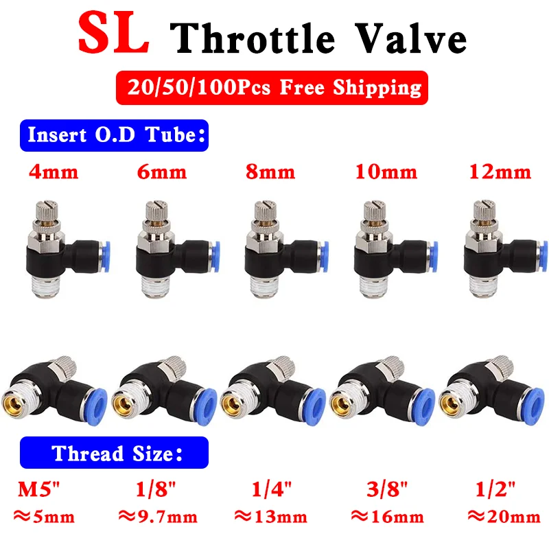 

SL Throttle Valve Pneumatic 4mm 6mm 8mm 10mm 12mm Air Connector Fittings Speed Control Regulator Valves Push in To Air Hose Tube