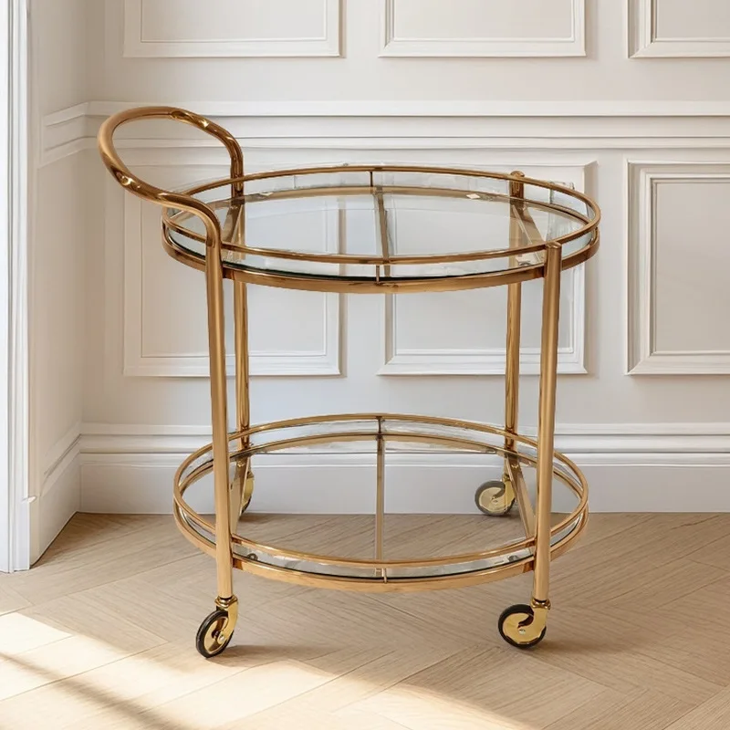 Light luxury commercial trolley restaurant household removable tea cabinet dining car oval stainless steel glass wine cart