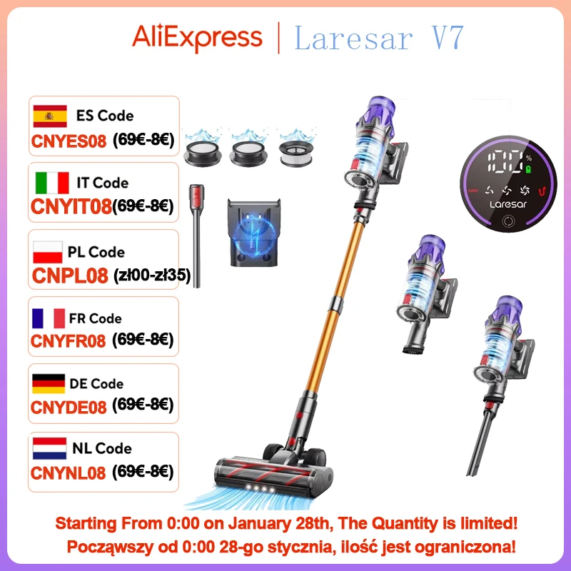 Laresar 2024 NEW V7 500W 50KPA Suction Power Cordless Vacuum Cleaner  Handheld smart Home appliance Removable Battery Dust Cup