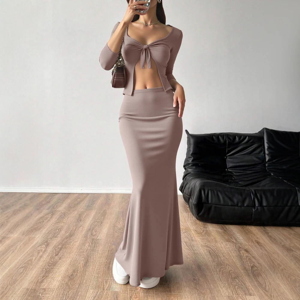 

Бутик Осенние комплекты Mia Muse 2025: женские элегантные однотонные эластичные укороченные платья макси с длинными рукавами и вырезом в форме сердца, сексуальные комплекты