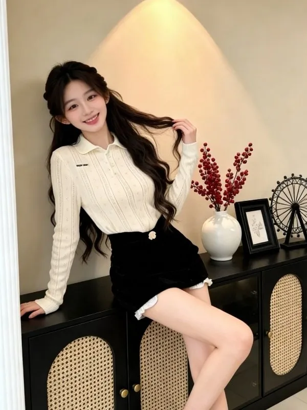 

Korean Princess Style Women's Spring White Neck Knitted Top Slimming Half-length Skirt Two-piece Set Fashionable Casual ...