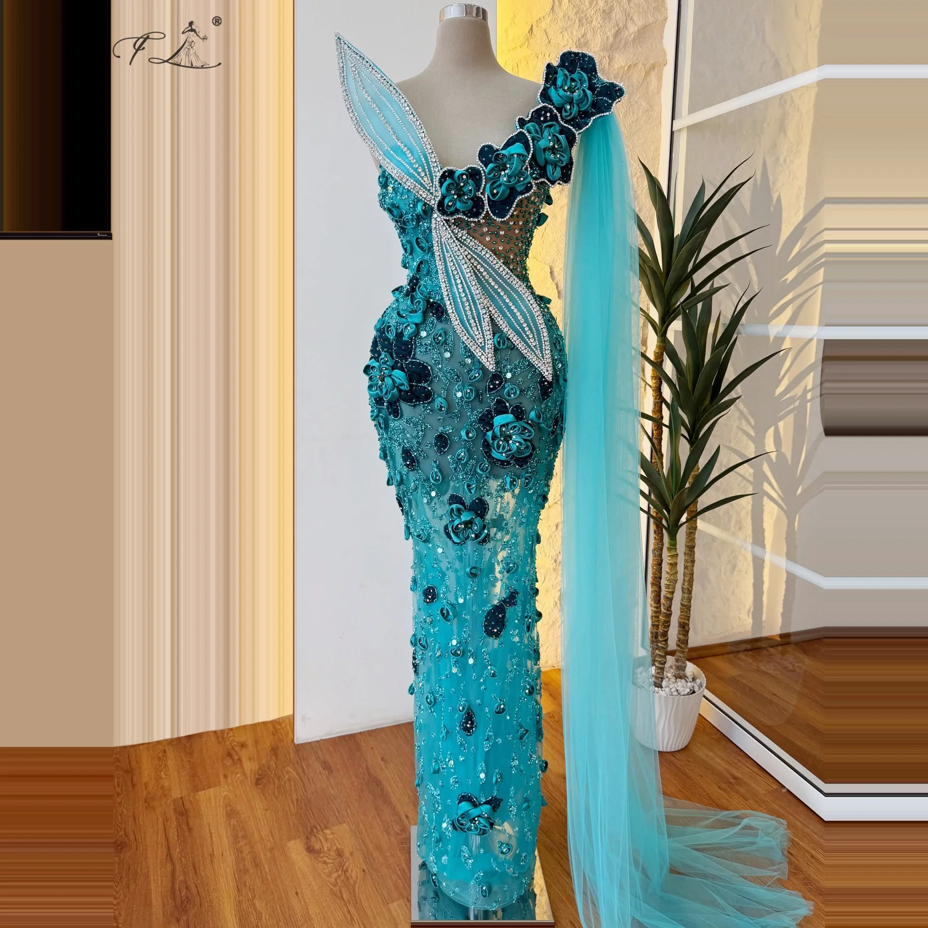 

Evening Dresses 3D Floral Appliques flower mermaid dress design leaf rhinestone dresses tulle dresses with trains party dresses