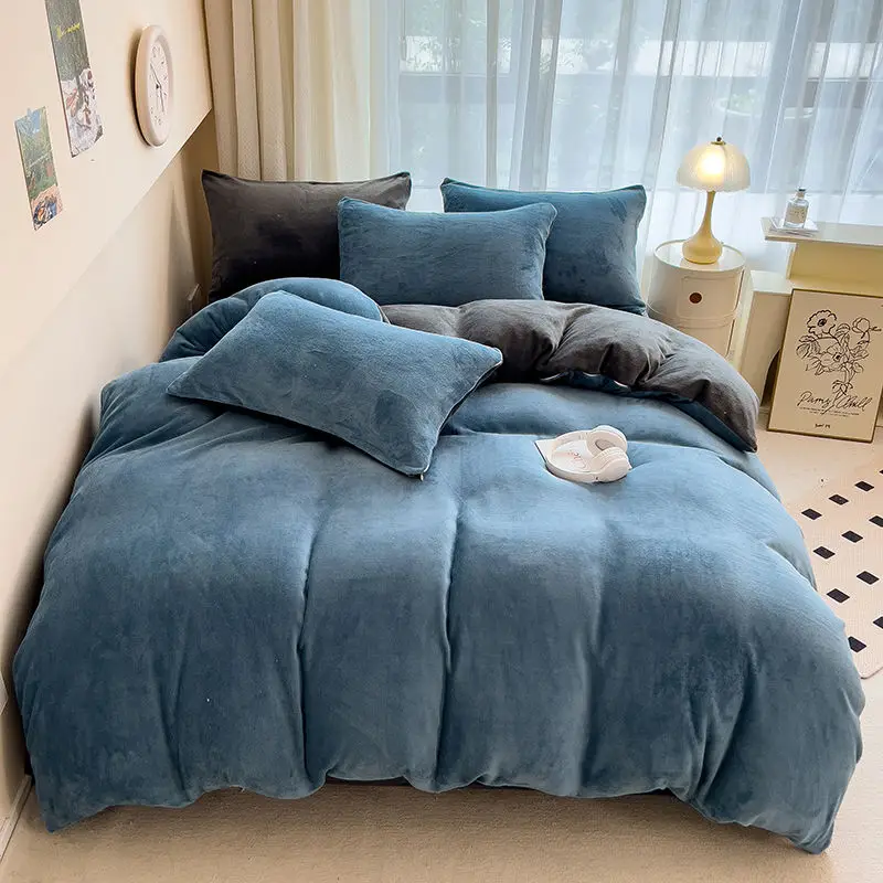 Home Textiles Solid Color Bedding Set Winter Thick Soft Warm Duvet Cover Pillowcase 3/4pc Set Coral Fleece Bed Sheet Quilt Cover