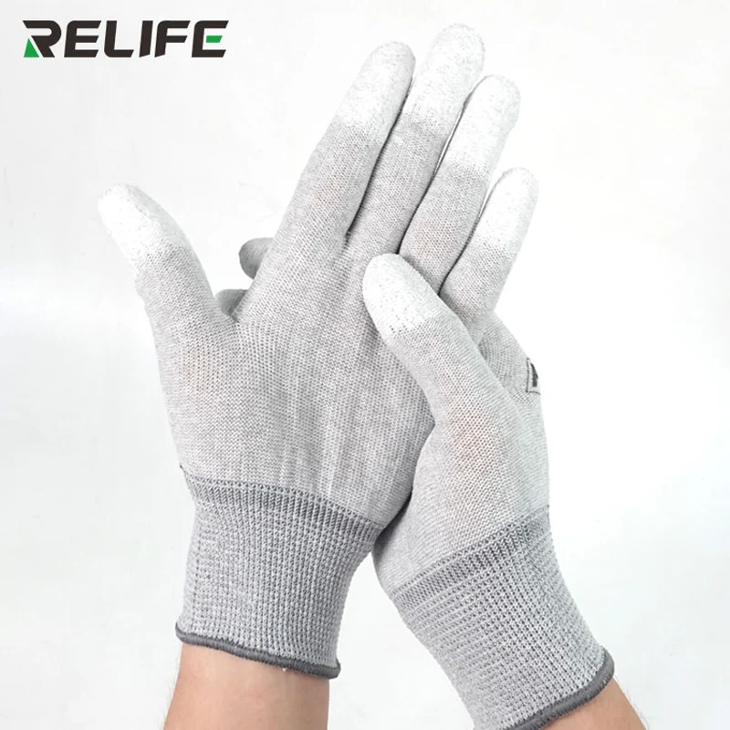 RELIFE RL-063 guantes antideslizantes antiestáticos aislamiento de PU recubierto protección de los dedos guantes de trabajo electrónicos para reparación de teléfonos