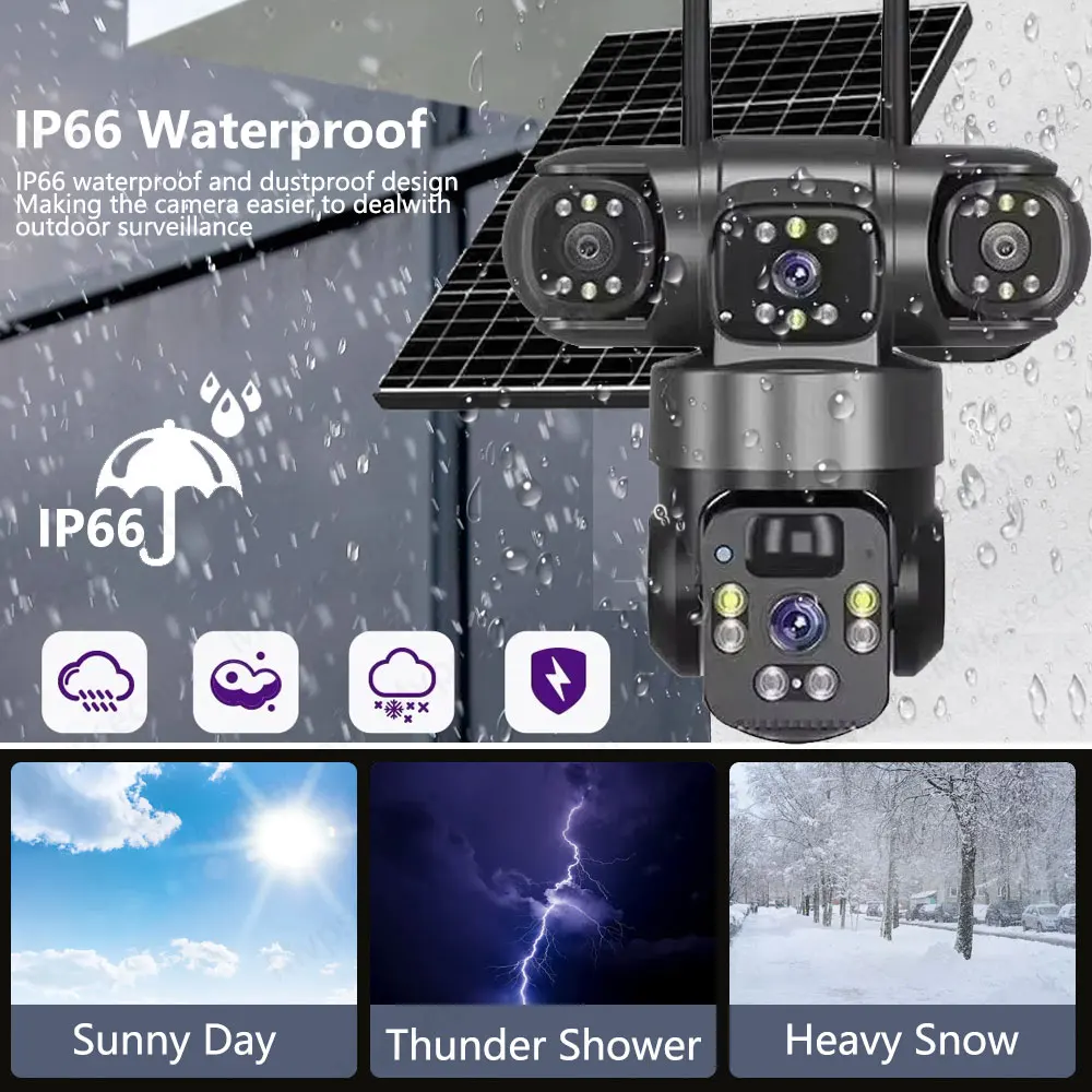 8K 15MP 3 Lens 3 Screens Wifi Or 4G Sim Solar Camera Outdoor Surveillance Wireless Cctv PTZ IP66 Security Solar Panel Cameras
