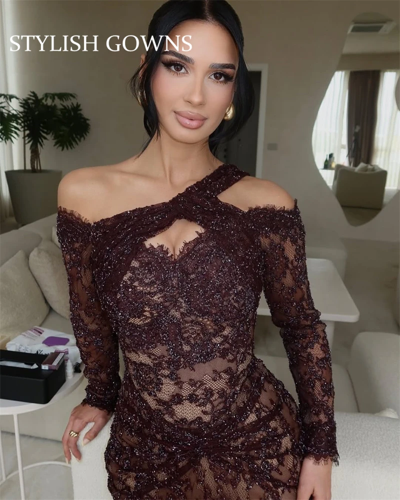 

Elegant Women Lace Evening Dresses Lace Long Sleeves Prom Gowns Arabic Floor Length Customized Dubai Wedding Guest فساتين سهرة