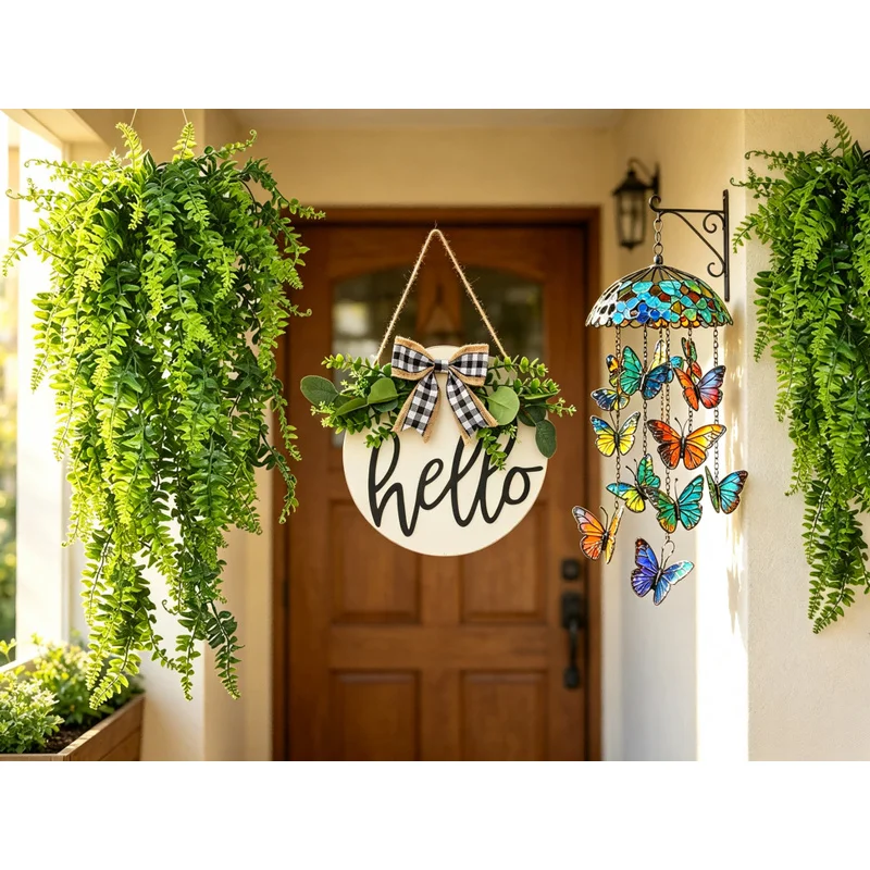 Hello Wooden Door Sign Wreath Buffalo Plaid Bow Artificial Greenery Hanging Sign Porch Wall Decor Farmhouse Home Garden Decor