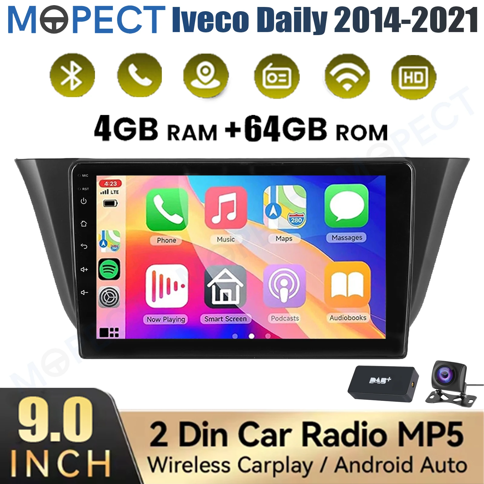 MOPECT 9" Android 15 4+64G voor Iveco Daily 2014-2021 WiFi CarPlay GPS Navigatie Head Unit Bluetooth AM/FM Touchscreen+DAB+DVR&Camera - afbeelding 1