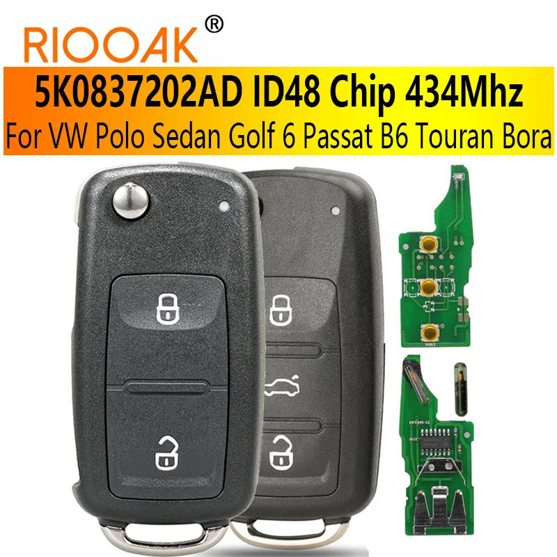 

For VW Polo Sedan Golf 6 Passat B6 Volkswagen Touran Bora 5K0837202AD Flip Key 434Mhz ID48 Chip Remote Control Car Key