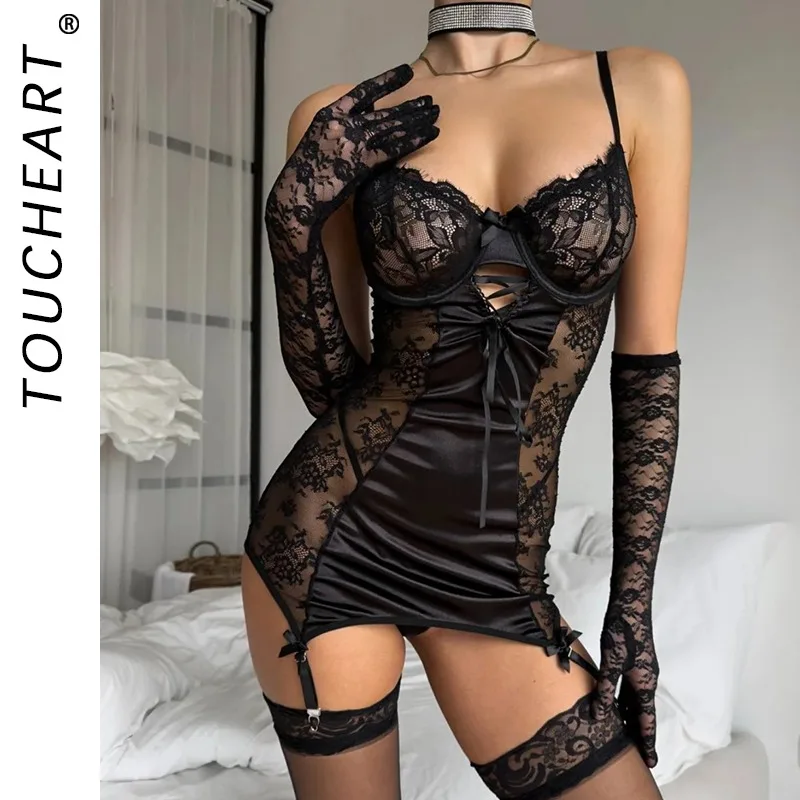 

Toucheart Эротическая спальная юбка с кружевом и стальным кольцом, собирается вместе, чистое желание, нежный полый соблазнительный частный пижамный комплект