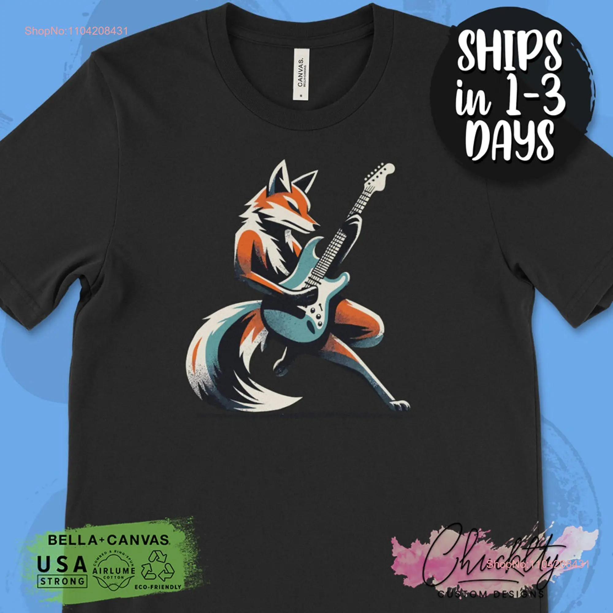 Fox Playing Guitar T Shirt Musician Animal Rock Band Music Cool Design s for Men long or short sleeves