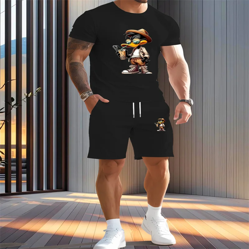 

Новинка 2025 года, мужской спортивный костюм, футболка с короткими рукавами + шорты, комплект из 2 предметов, повседневный дышащий летний мужской модный комплект спортивной одежды