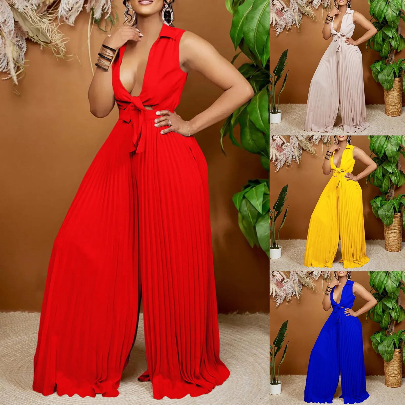 Lapel Loose Pleated Wide Leg Jumpsuit Women Sexy Party Club Romper Ruffles Sleeveless Solid Summer Casual Comfortable Jumpsuit