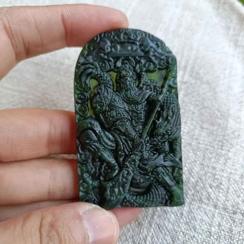 

Wang Shi, A Natural Jade Medicine, Carved on Both Sides, Guan Gong Brand Hollow Pendant for Men's Ethnic Style Pendant