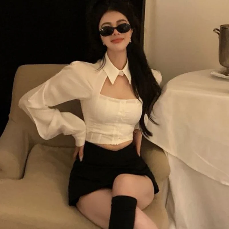 Shirts Women Hollow Out Spring White Long Sleeve Korean Style Slim Tender Fashion Casual All-match Sexy Cute Ladies Clothes Fit