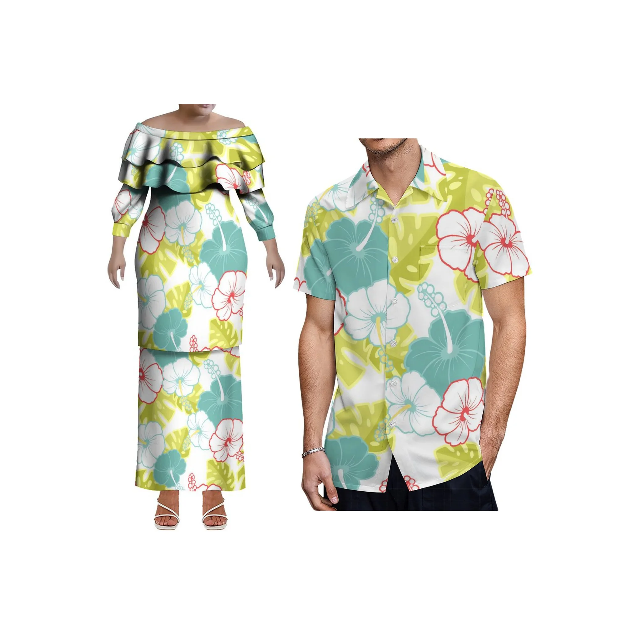 2025 novo estilo design personalizado senhoras fora do ombro vestido 2 peça conjunto samoa puletasi vestido plus size dupla camada babado vestido