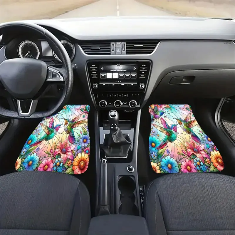[4pcs Flower Bird Car Mats] 4pcs Universal Anti-Slip Crystal Velvet Car Floor Mats | Flower-and-Bird Patterned 4pcs Set, Easy To