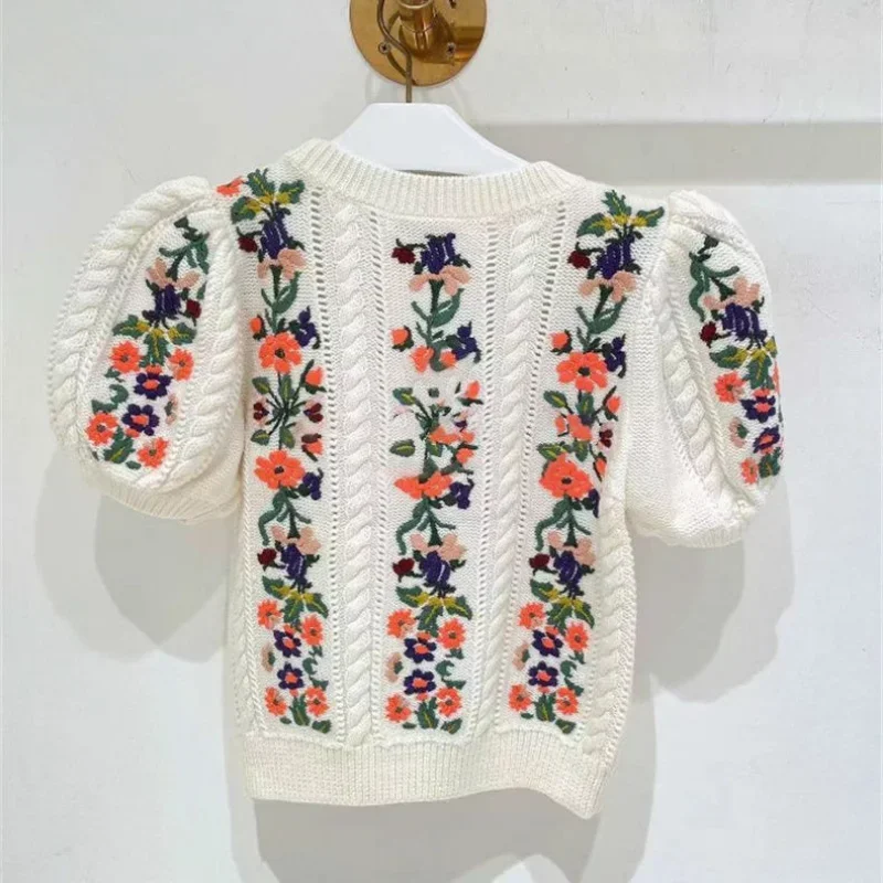 French Niche Hook Flower Embroidery Sweater Women 2024 Summer Chic New All-match Tops Puff Sleeve O-neck Elegant Female Pullover