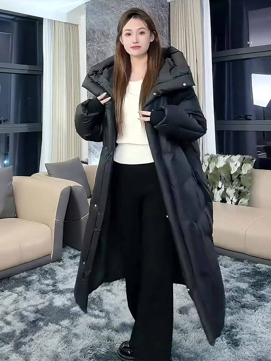 여성용 롱 화이트 다운 패딩 재킷, 푹신한 브레드 스타일 겨울 코트, 따뜻한 출퇴근용, 모자 포함