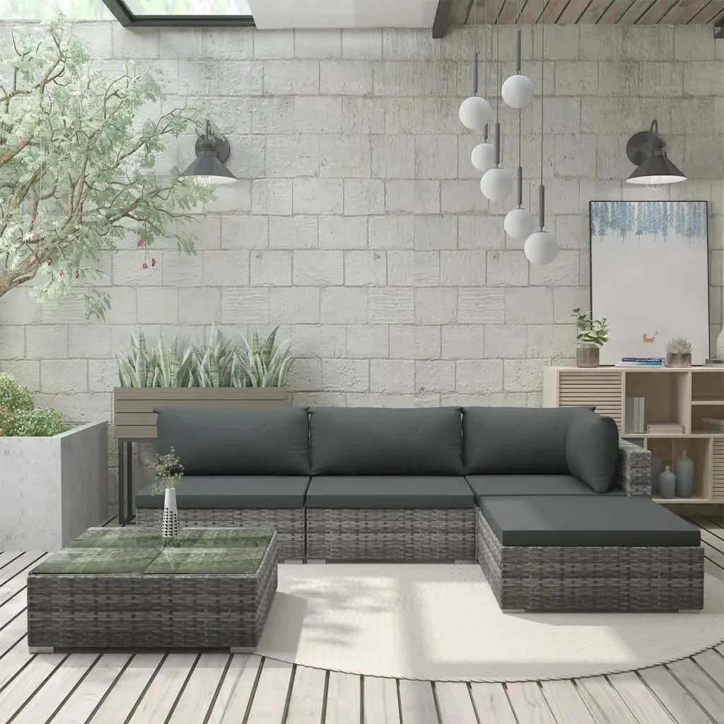 

5pc Patio Lounge Set Poly Rattan Cushioned Sectional Sofa Outdoor Garden Balcony Yard Gray Customized