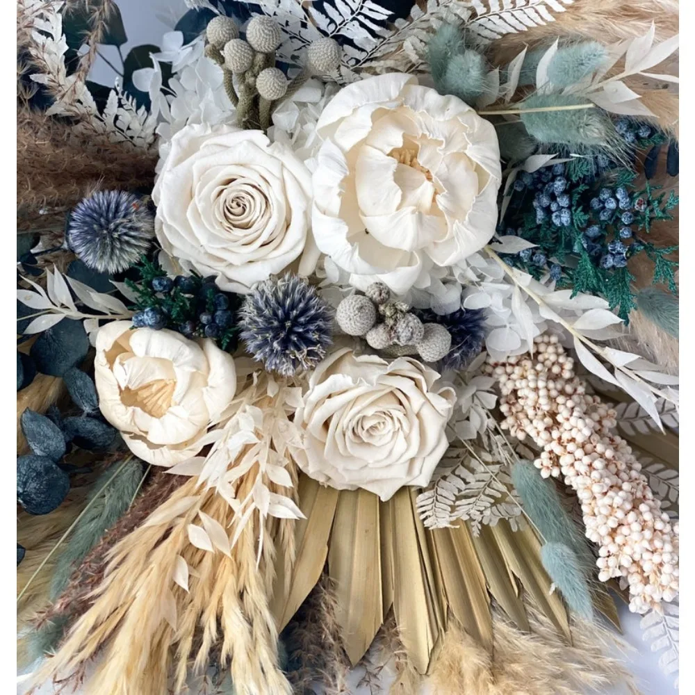 Dried Flowers,Dusty Blue White Peony Pampas Grass Bouquet Bride and Bridesmaids,Wedding Flowers