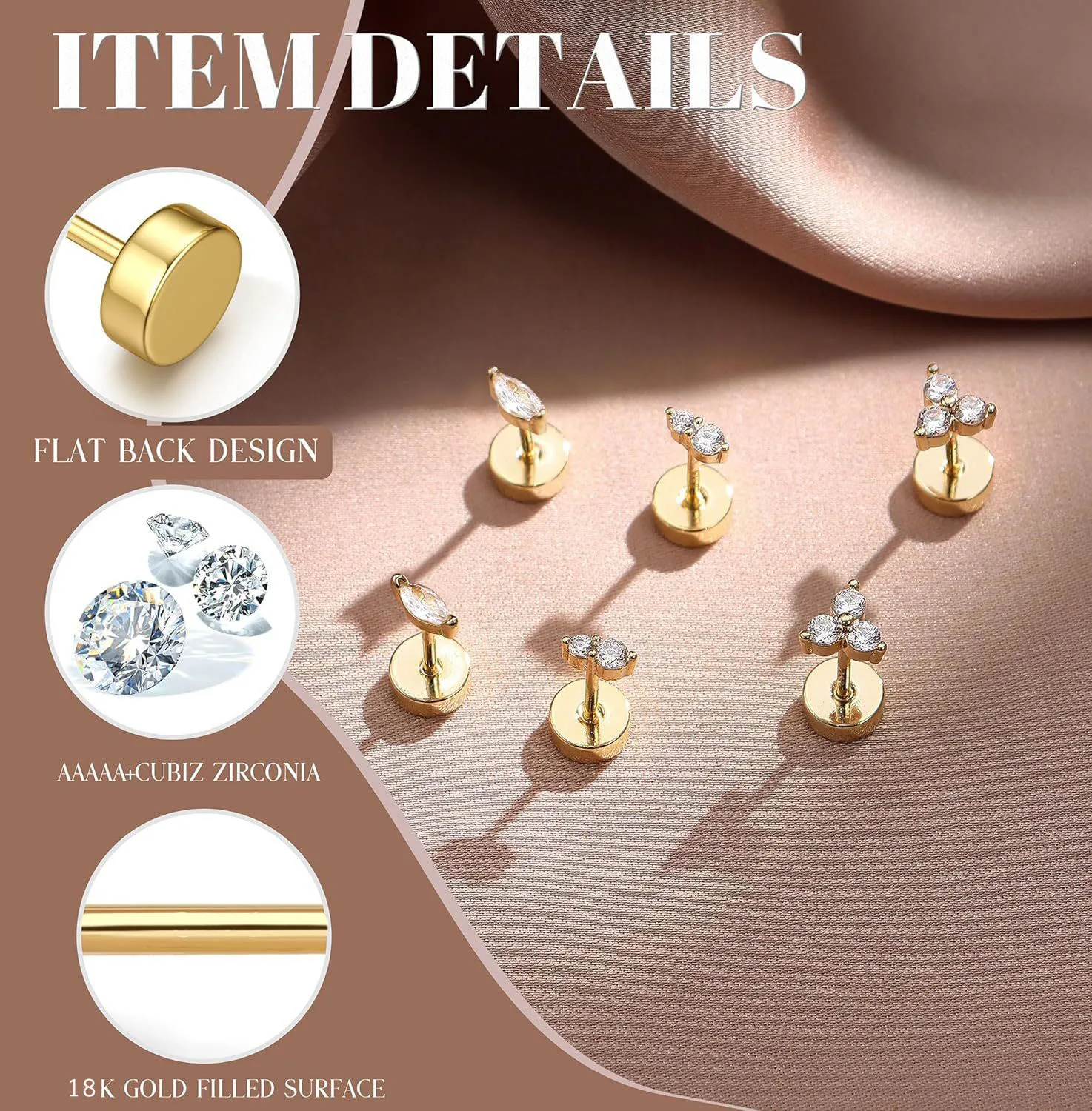 1PC Chirurgische Edelstahl Ohrringe für Frauen Zierliche Ohrringe mit flacher Rückseite Ohrstecker 20G CZ Knorpel Helix Tragus Conch Lobe Piercing – Detail 3