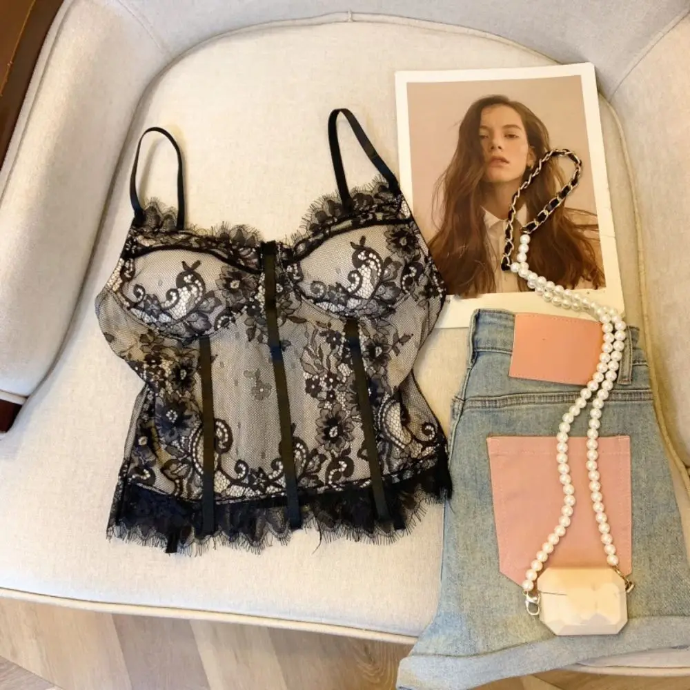 

Elastic Hollow Lace Camisole Transparent Sleeveless Crop Tops Slim fit Tanks Suspender Vest Spring Summer