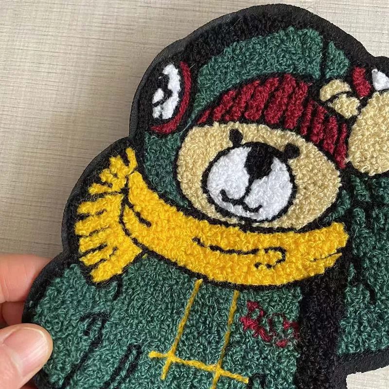 Cartoon Big Teddy Bear In Green Sewing Patch,Chenille Embroidery Applique Badges Sew On Patches DIY For Clothing Kids,Backpack