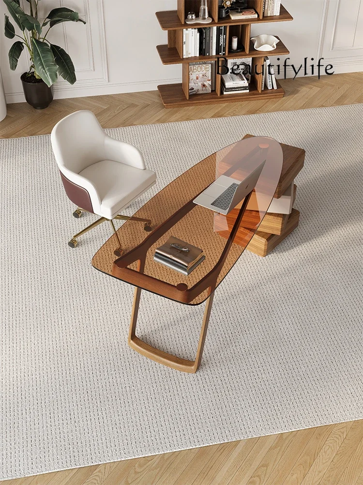 T Designer Light Luxury High-end Special-shaped Solid Wood Desk Rotating Tempered Glass Study Table