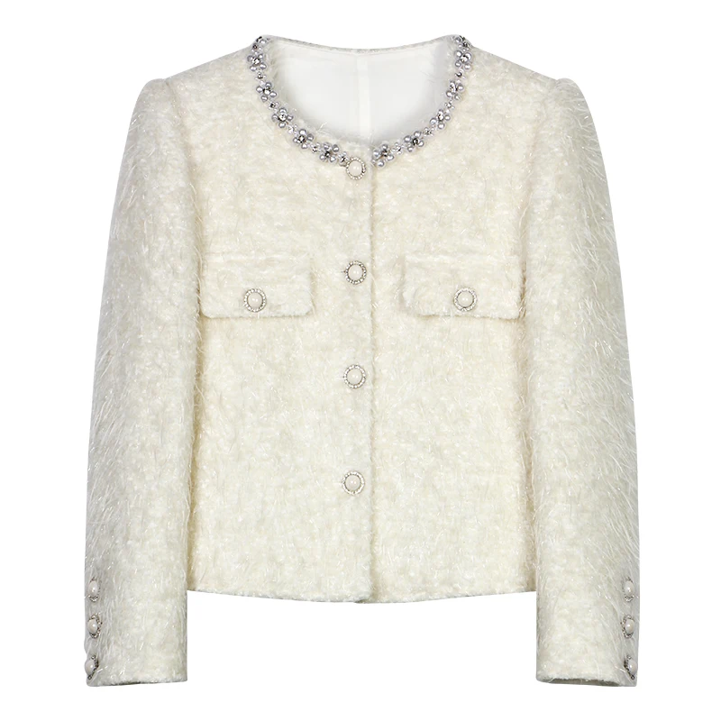 

New fashion celebrity high-end heavy industry nailed bead temperament small fragrance style round neck single-breasted jacket