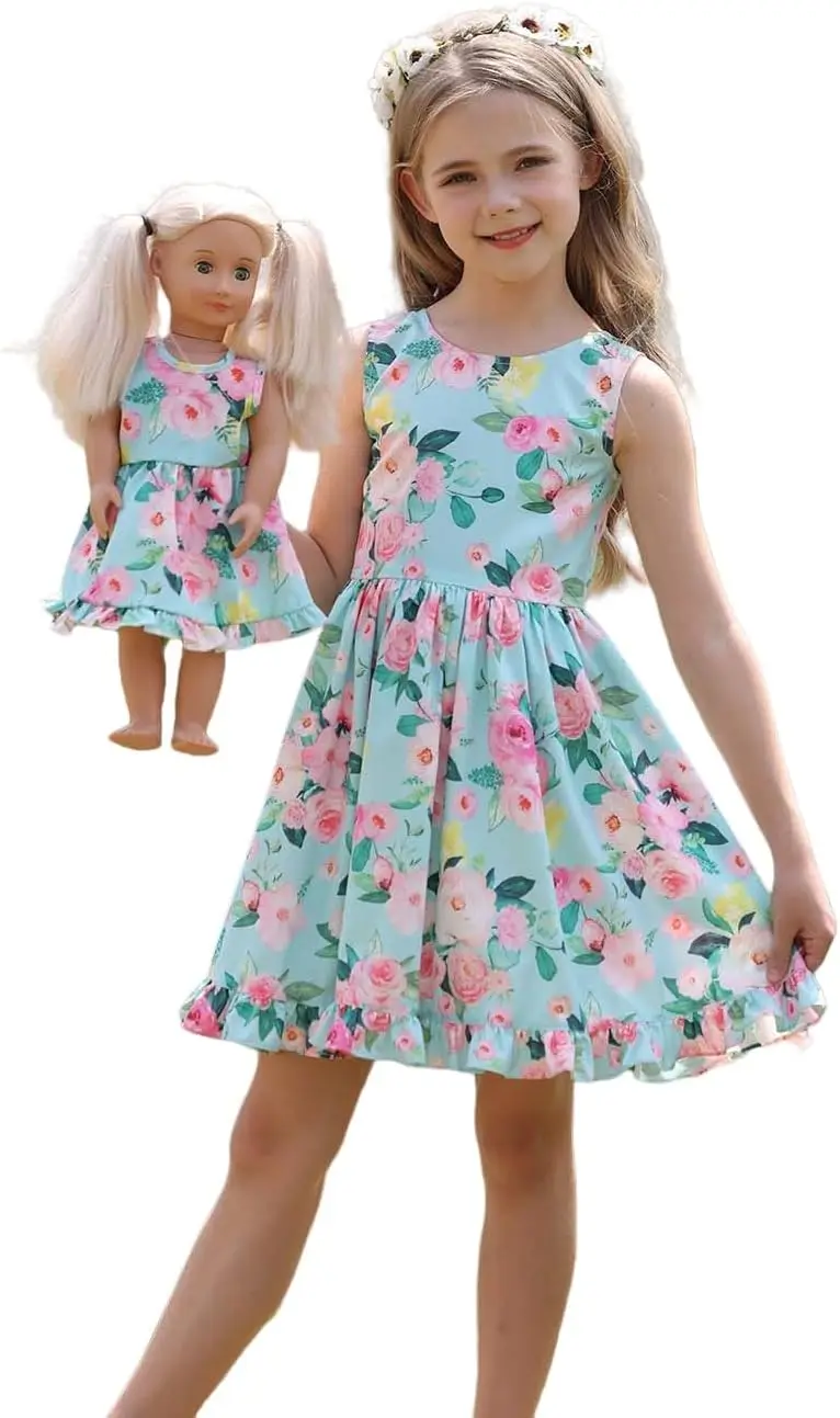 

Vintage Flower Butterfly Dress for Girls Ages 3-12, Matching Doll Clothes Included
