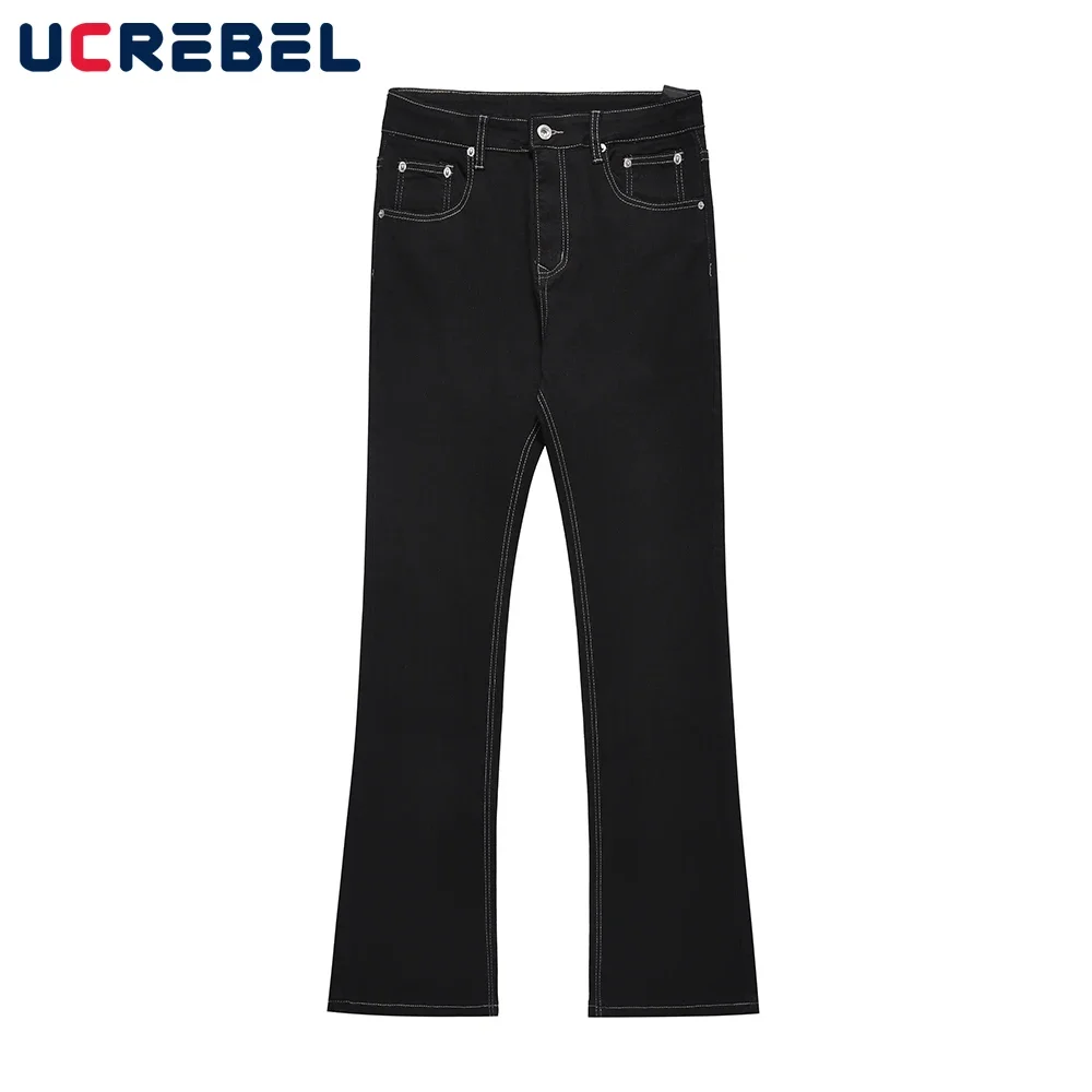 Ribbon Decoration Flared Jeans Mens High Street Washed Solid Color Straight-leg Pants Men Trousers