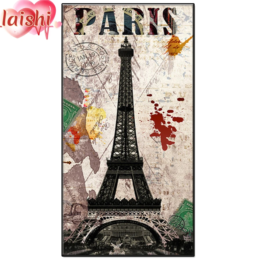 Vintage postcard art, Eiffel Tower Full circle diamond painting handmade diamond embroidery mosaic art kit home decoration