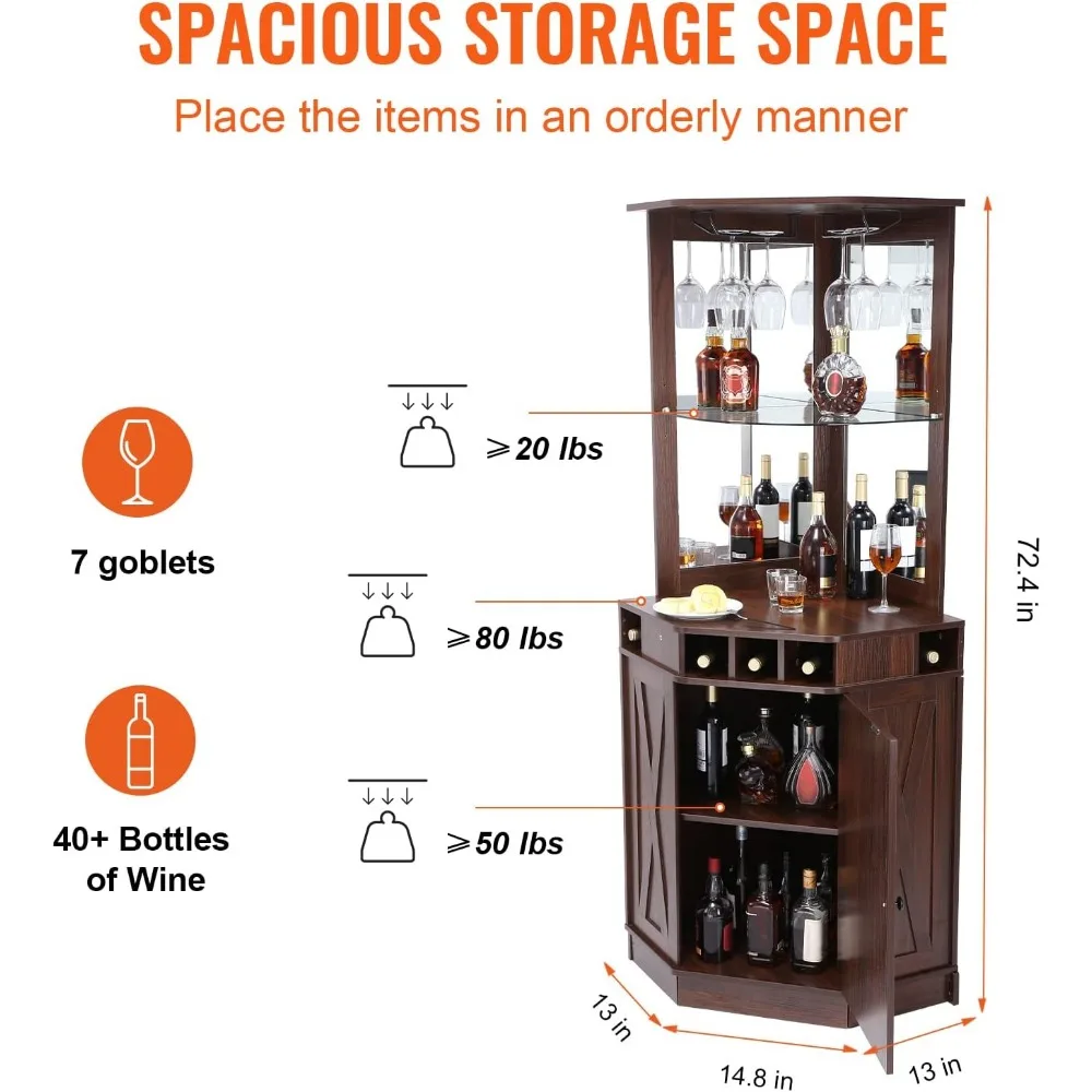 Narożna szafka barowa w stylu industrialnym, stolik na wino na alkohol i kieliszki, kredens bufetowy z uchwytem na szkło, wolnostojąca szafka w stylu farmhouse