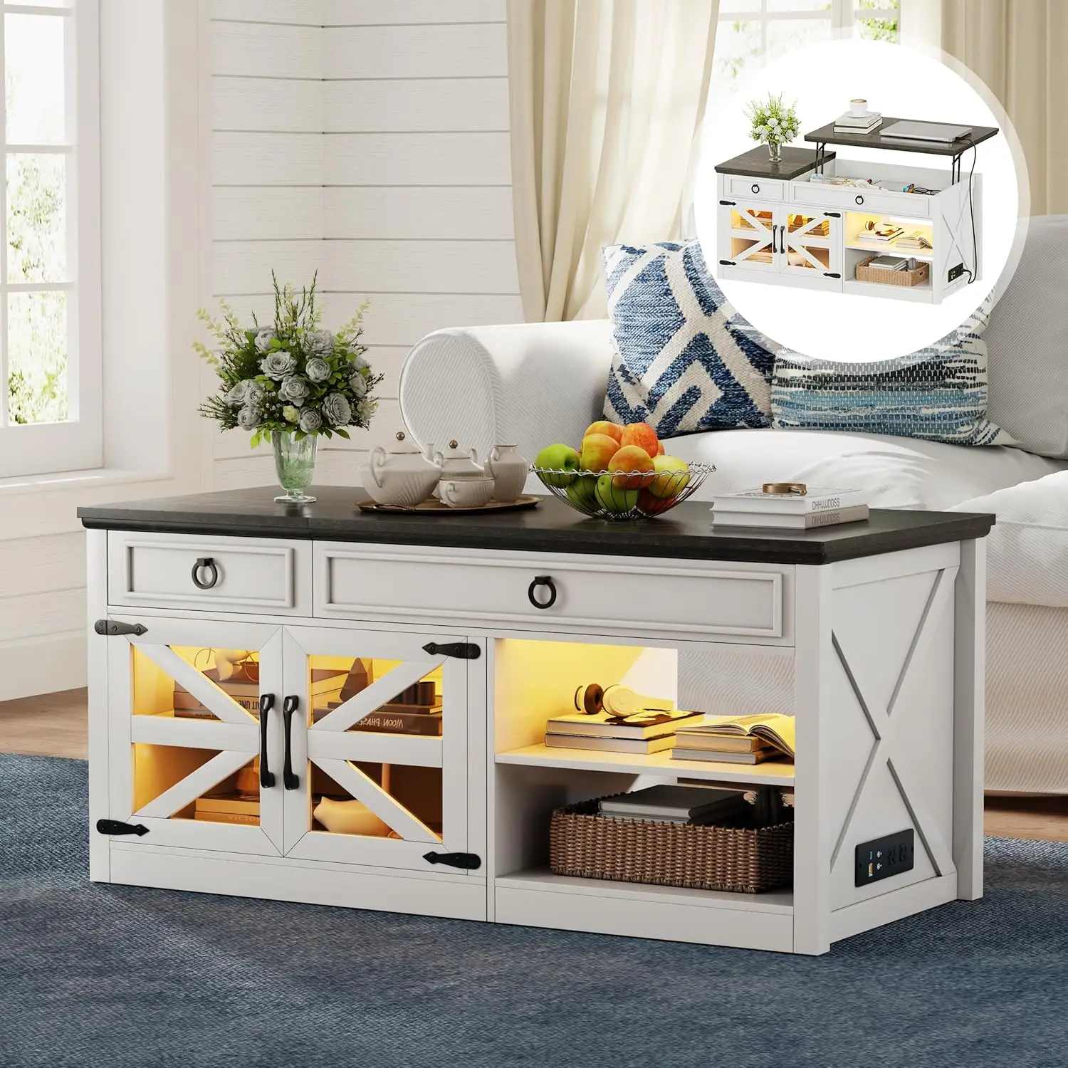 

48" Farmhouse Lift Top Coffee Table LED Charging Station Hidden Storage Adjustable Shelf White Customized