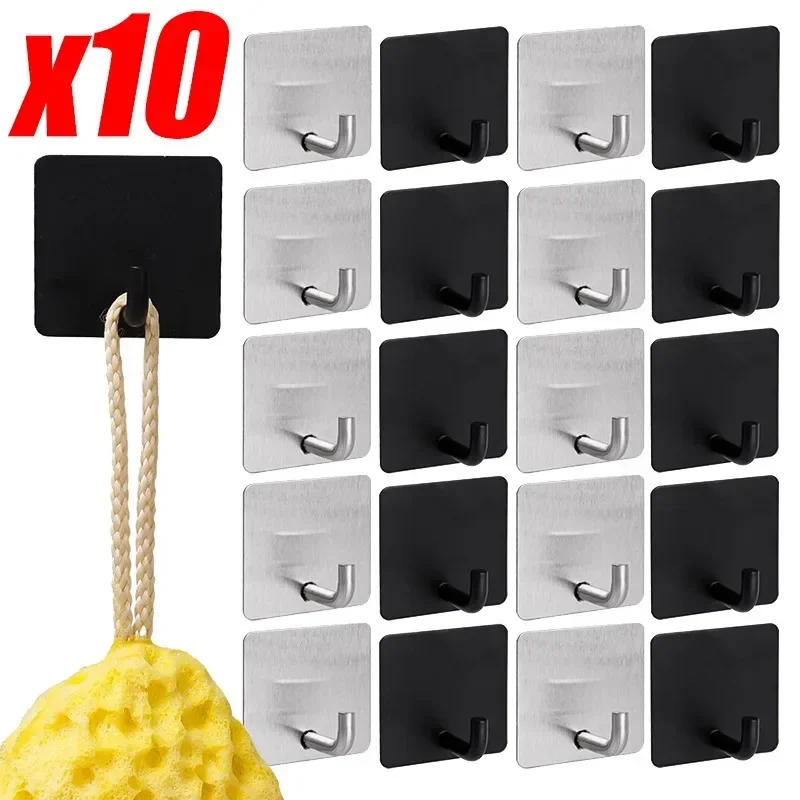 10/1PCS Stainless Steel Wall Hooks Adhesive No Punching Organizer Hanger Multi-purpose Kitchen Bathroom Storage Hardware Hook