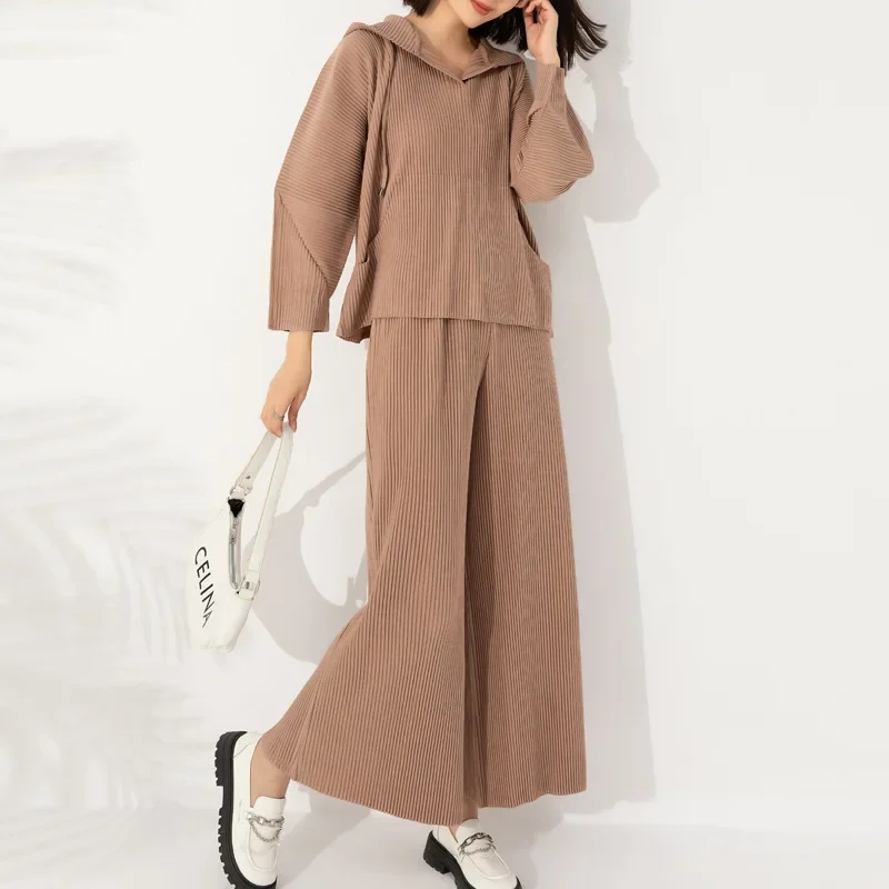 GGHK Miyake Pleated Women 2 Piece Set Pure Color Vintage Hooded Design Top High Waisted Loose Wide Leg Pants Female New Set