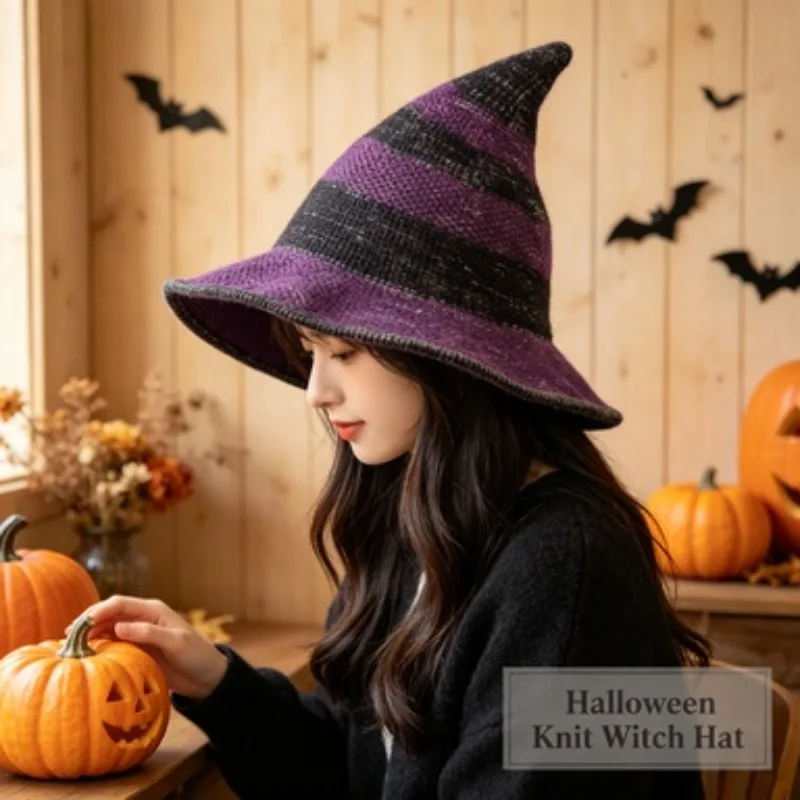 Halloween Witch Hat for Women Wide Brim Pointed Knit Cap Oversized Large Circumference Fit Foldable Collapsible Wizard