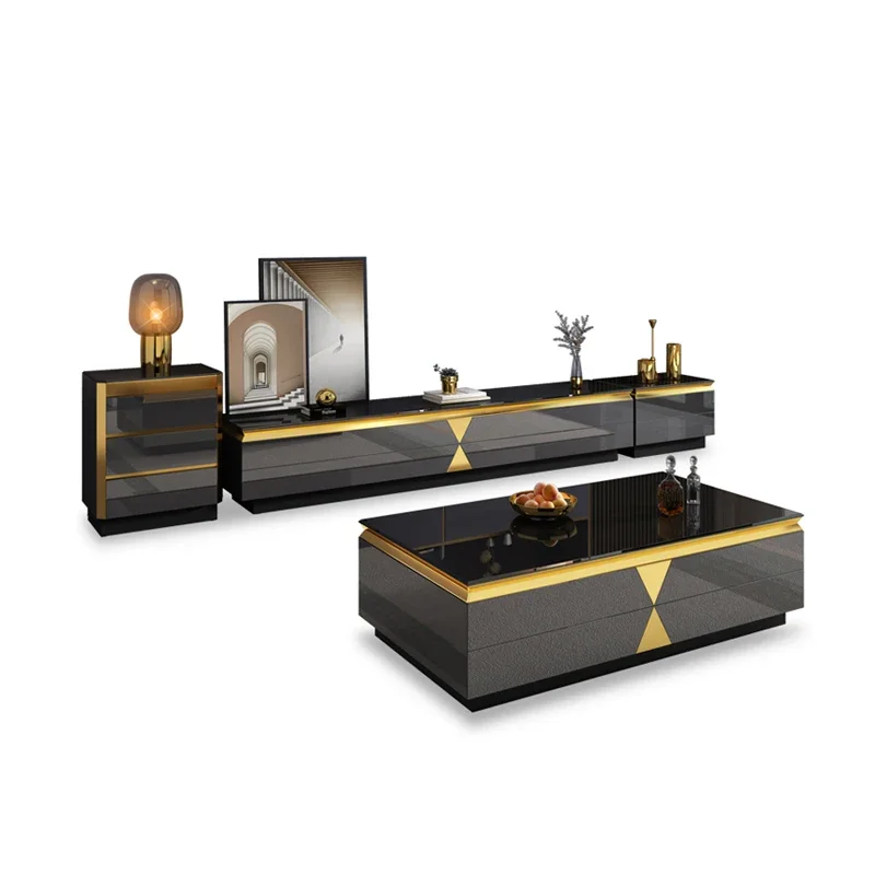 'Foshan factory Living room furniture sets metal center coffee tables with drawer modern luxury glass coffee table and tv stand